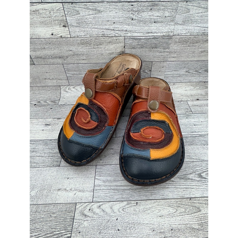 Spring Step Multi Color Patchwork Leather Clogs Spiral Wedge Mules Women Sz 37